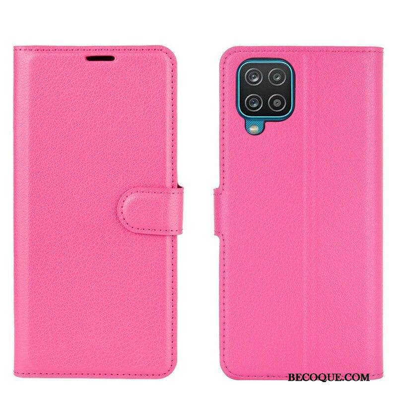 Flip Case Samsung Galaxy M12 / A12 Klassinen Litsi Tekonahka