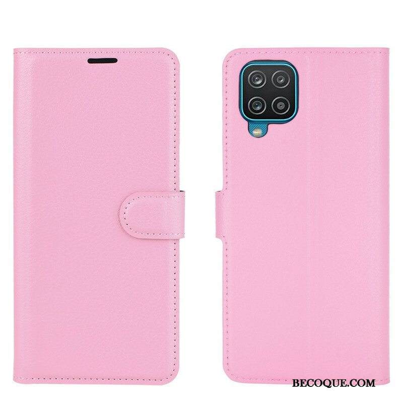 Flip Case Samsung Galaxy M12 / A12 Klassinen Litsi Tekonahka