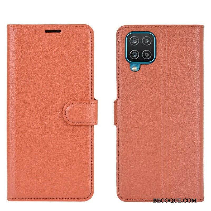 Flip Case Samsung Galaxy M12 / A12 Klassinen Litsi Tekonahka