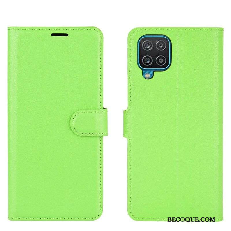 Flip Case Samsung Galaxy M12 / A12 Klassinen Litsi Tekonahka