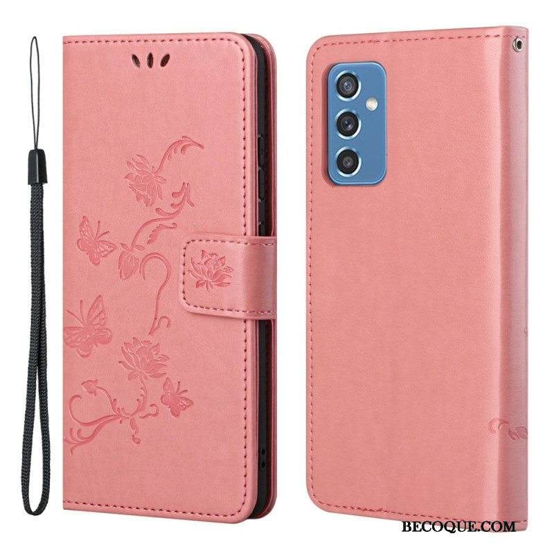 Flip Case Samsung Galaxy M52 5G Suojaketju Kuori Perhoset Ja Kukat -hihna