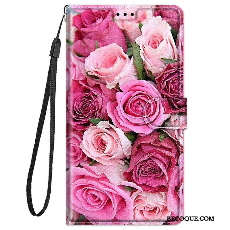 Flip Case Xiaomi Redmi Note 11 Pro Plus 5G Ruusuja Kaulanauhalla