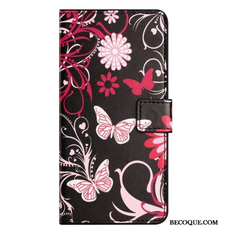 Flip Case iPhone 14 Pro Mustavalkoisia Perhosia