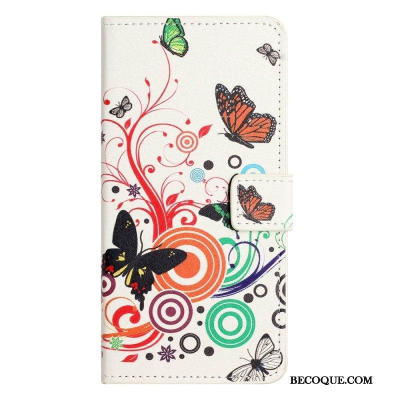 Flip Case iPhone 14 Pro Mustavalkoisia Perhosia